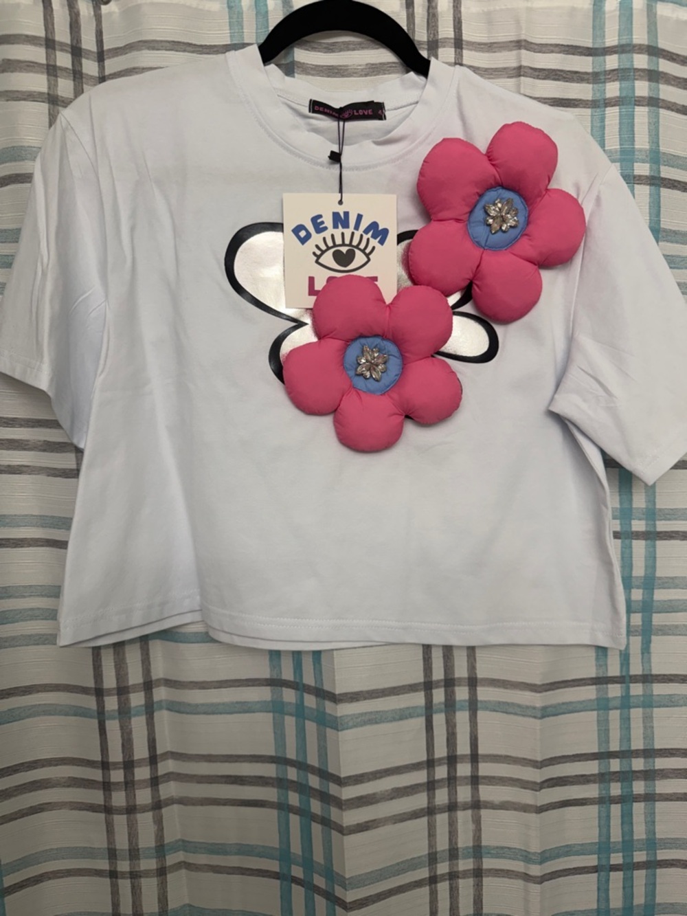 White Crop Top with Pink Floral Appliqués